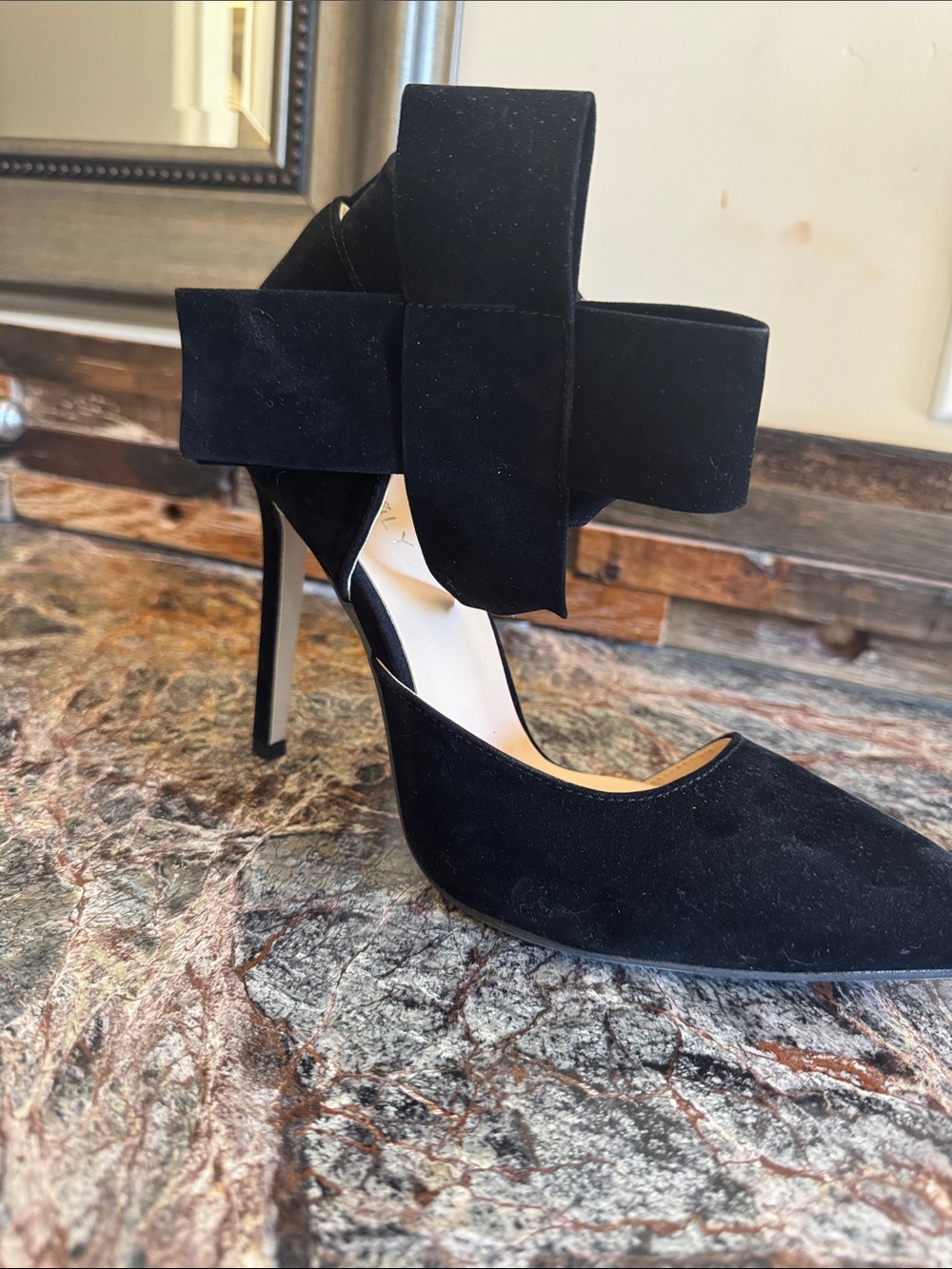 Black Suede Pointed-Toe Stiletto with Oversized Bow Ankle Strap